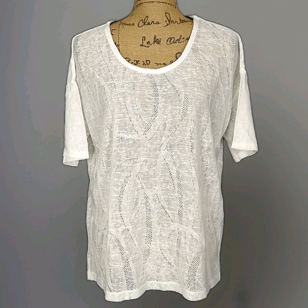 Chicos White Open Knit Top Short Sleeve Sheer Lightweight sz 1 US S Coastal Boho